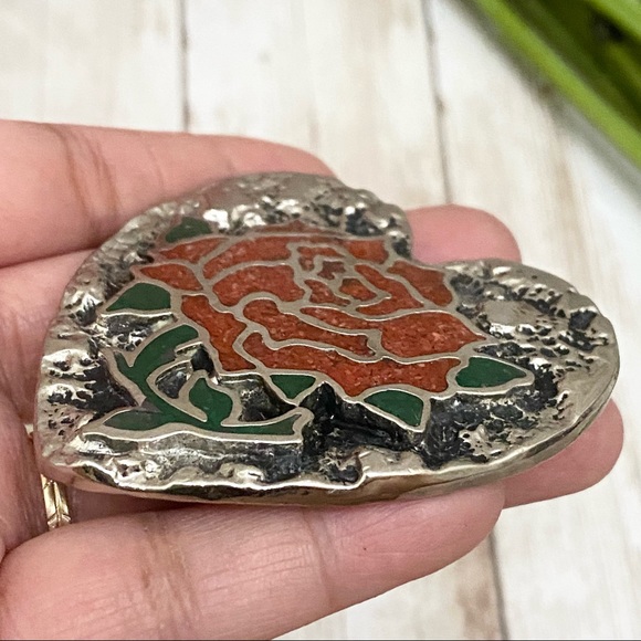 Vintage S.S.I. Enamel Inlay Rose Flower Heart-shaped Belt Buckle - Picture 4 of 12